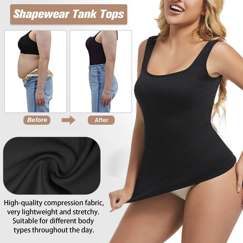 1/2 PCS Shapewear Tummy Control Tank Top Compression Tanks for Women Square Neck Seamless Body Shaper Camisole Cami Tops