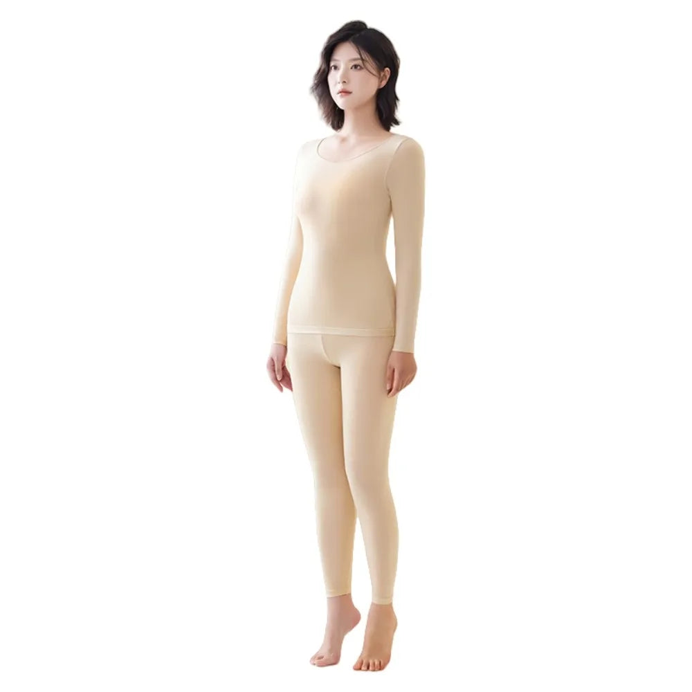 Ultra Thin Women Thermal Clothes Round Neck Tops and Pants Set Thermal Underwear Lingerie Invisible Warmth Long Pants Undershirt