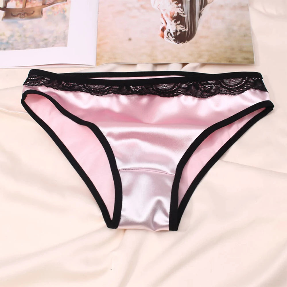 Women Underwear Luxury Comfortable Breathable Low Waist Lace Edge Soft Triangle Pants Silk Satin Underwear Knickers Briefs