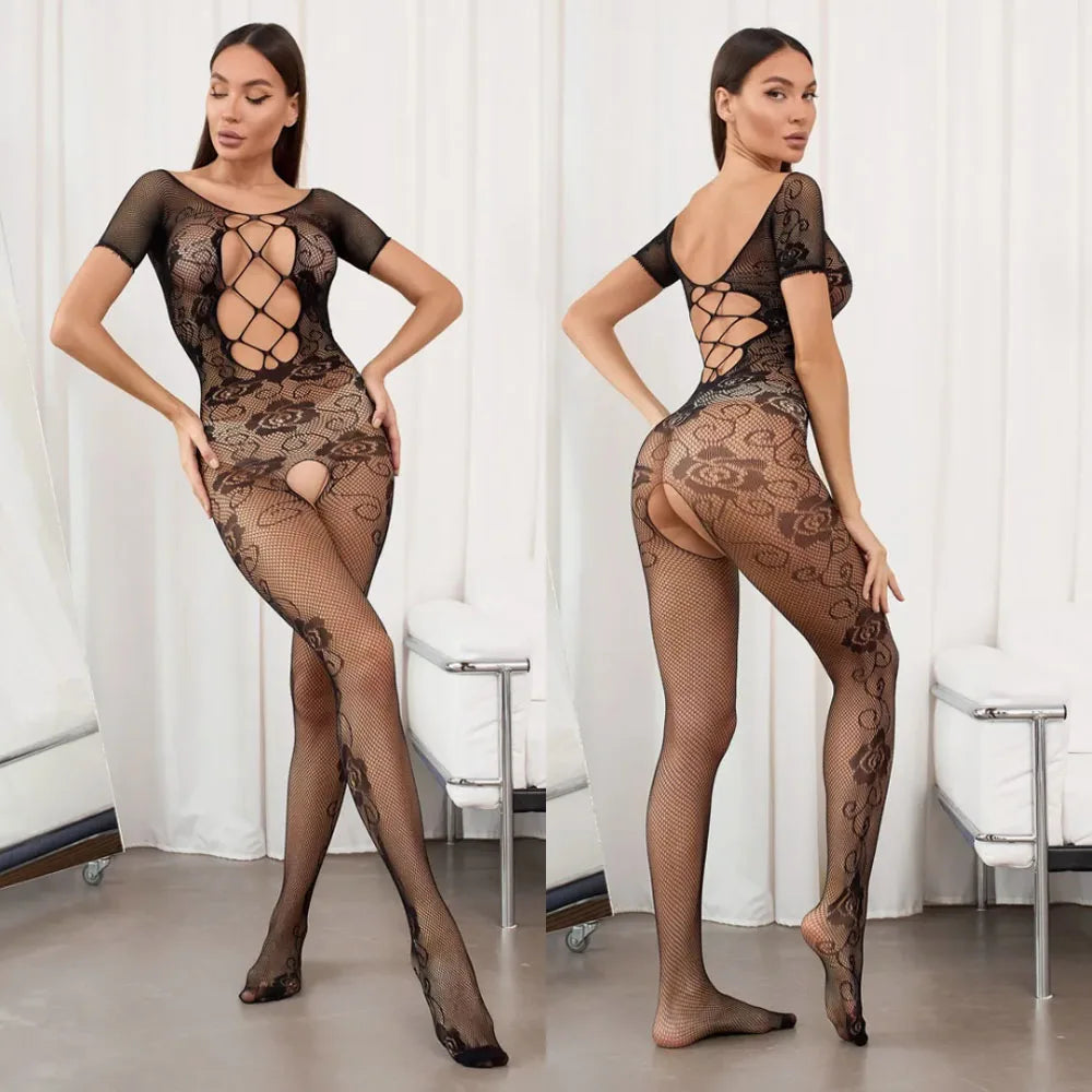 Women Sex Underwear See Through Passion Lingerie Pantyhose Black Lace Bodysuit Mesh Stockings Open Crotch Bodystocking Hot