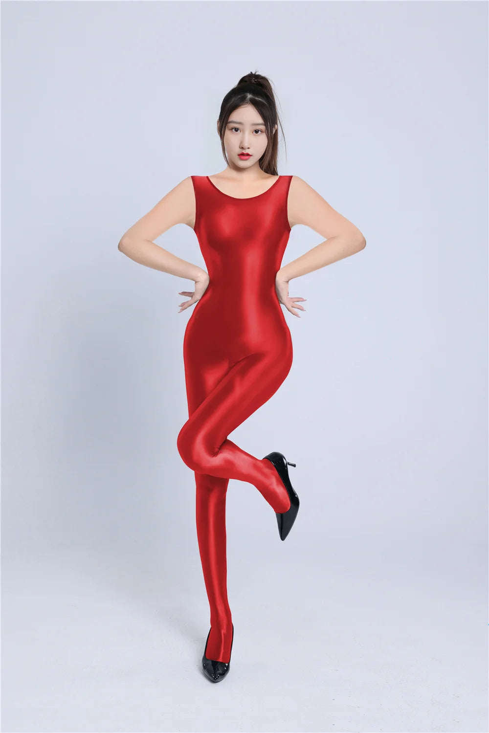 Sexy Women Yoga Shaper Dance Wear Oil Glossy Shiny Elastic Bodysuit Sheer See Through Satin Shapping Tights Candy Color