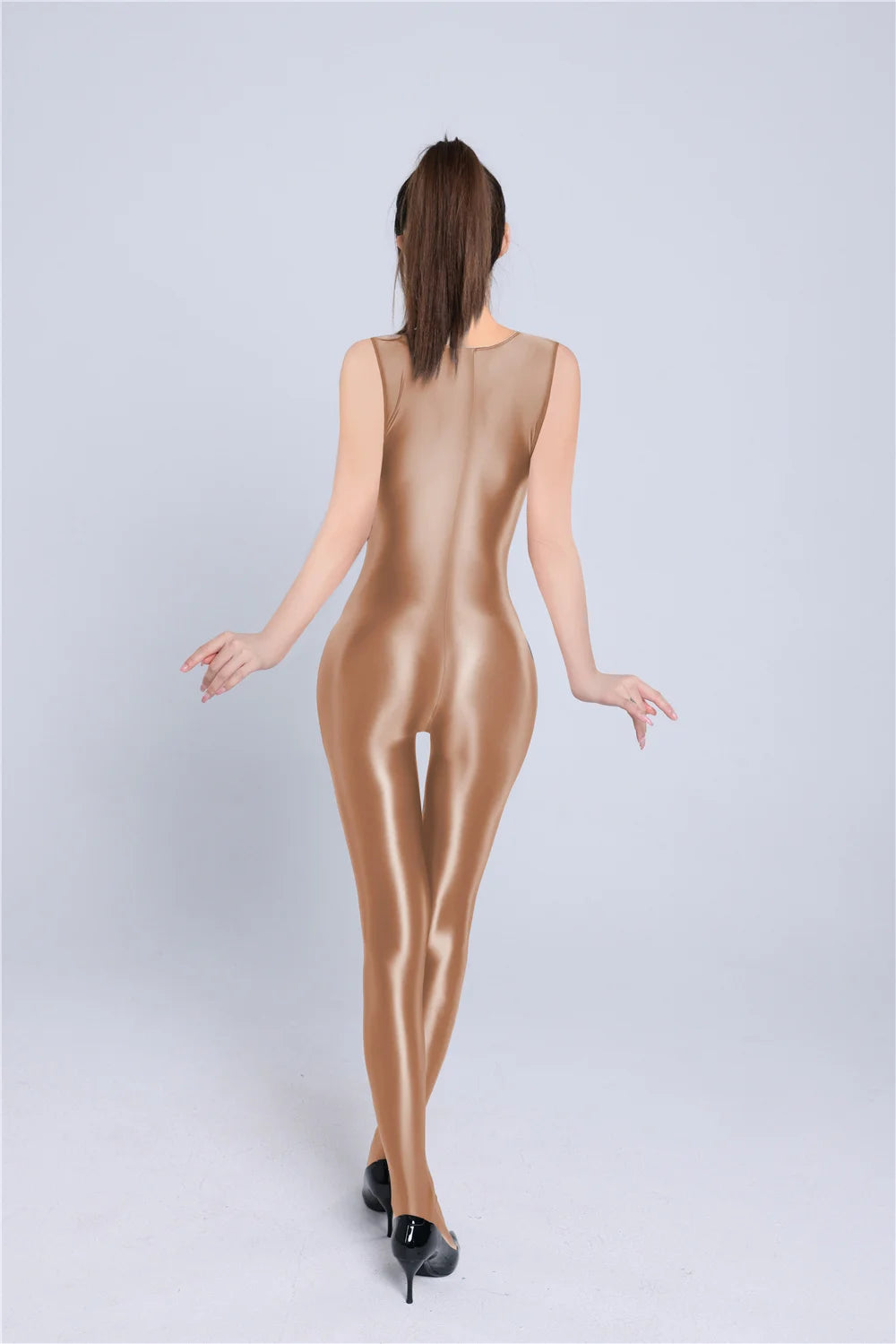 Sexy Women Yoga Shaper Dance Wear Oil Glossy Shiny Elastic Bodysuit Sheer See Through Satin Shapping Tights Candy Color