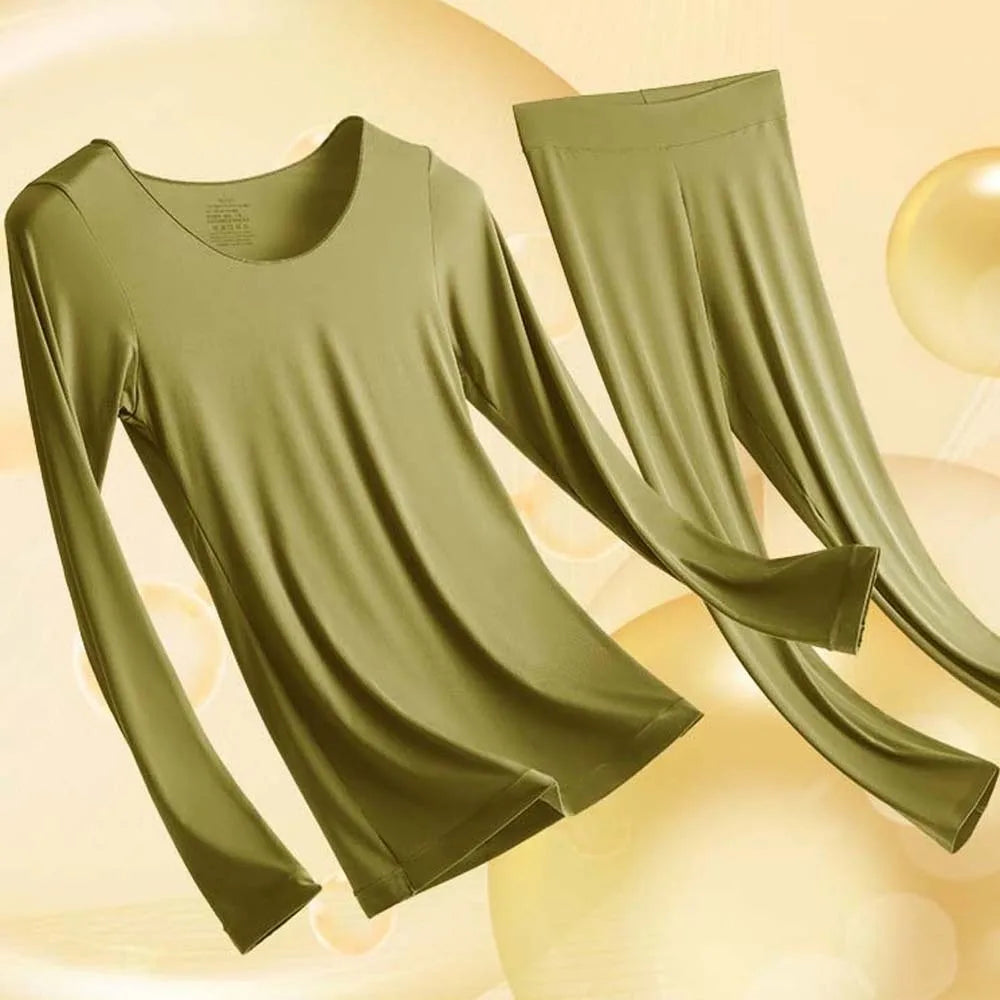 Ultra Thin Women Thermal Clothes Round Neck Tops and Pants Set Thermal Underwear Lingerie Invisible Warmth Long Pants Undershirt