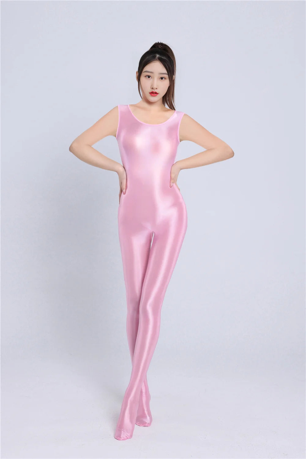 Sexy Women Yoga Shaper Dance Wear Oil Glossy Shiny Elastic Bodysuit Sheer See Through Satin Shapping Tights Candy Color