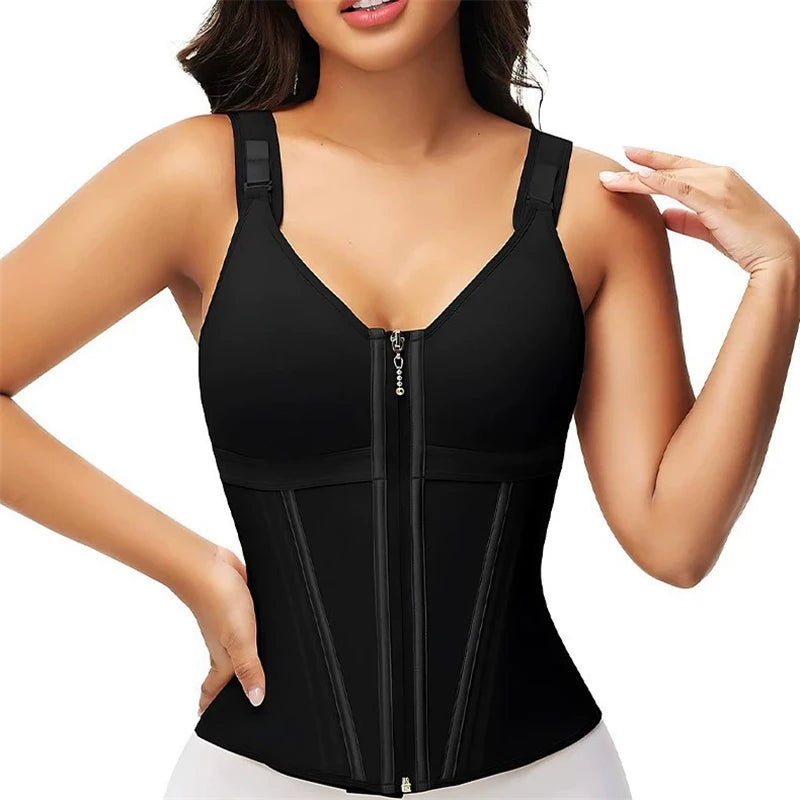 Shapewear Women Colombian Fajas Waist Trainer Tummy Control Vest Body Shaper 17 Steel Bones 3-Row Hooks Zipper Adjustable Strap