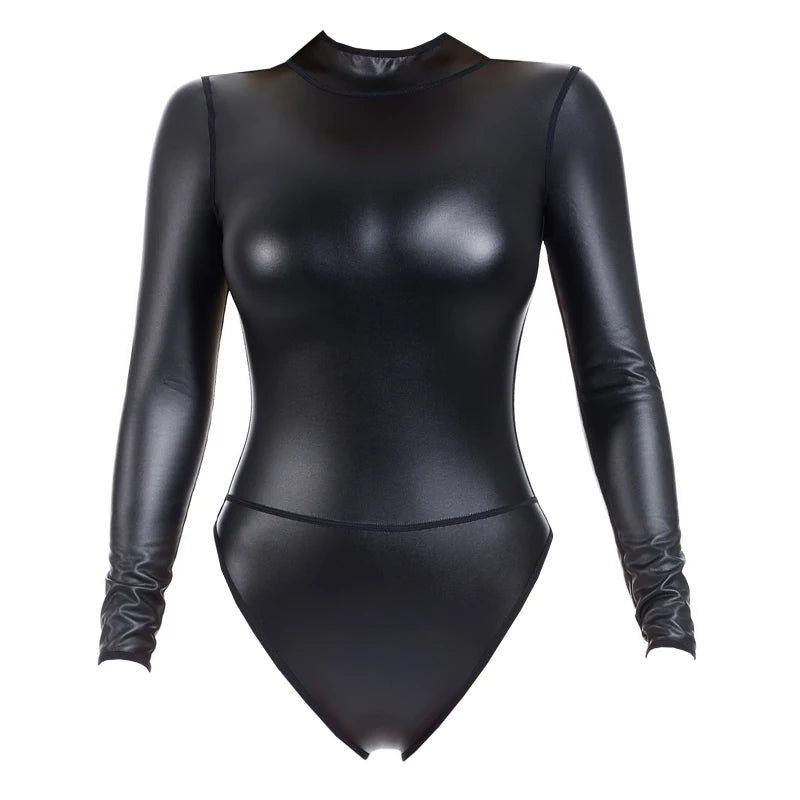Women Bodysuit Body Shapers Sexy Shapewear Back Zipper High Neck Long sleeve Stage Performance Faux Leather One Pieces Jumpsuits