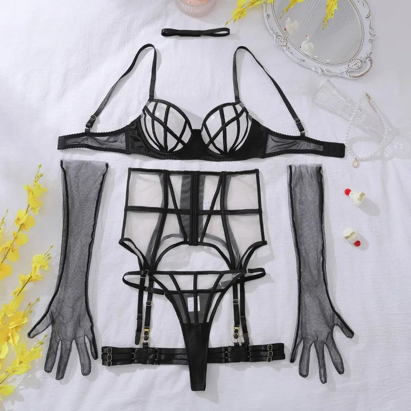 Sexy Lingerie Suit for Women Solid Color Mesh Patchwork See-through Women's Underwear Suit Sexy Gloves Garters Underwear