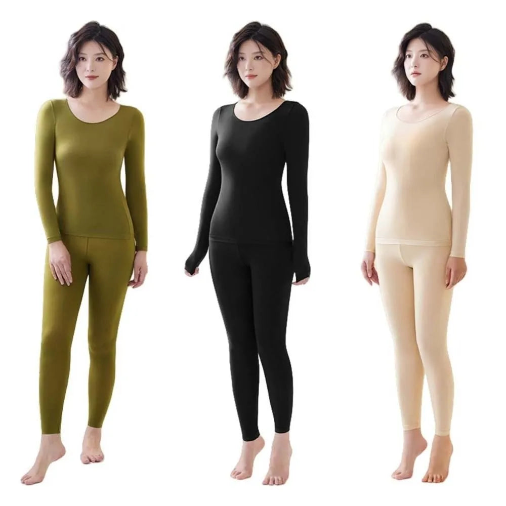 Ultra Thin Women Thermal Clothes Round Neck Tops and Pants Set Thermal Underwear Lingerie Invisible Warmth Long Pants Undershirt