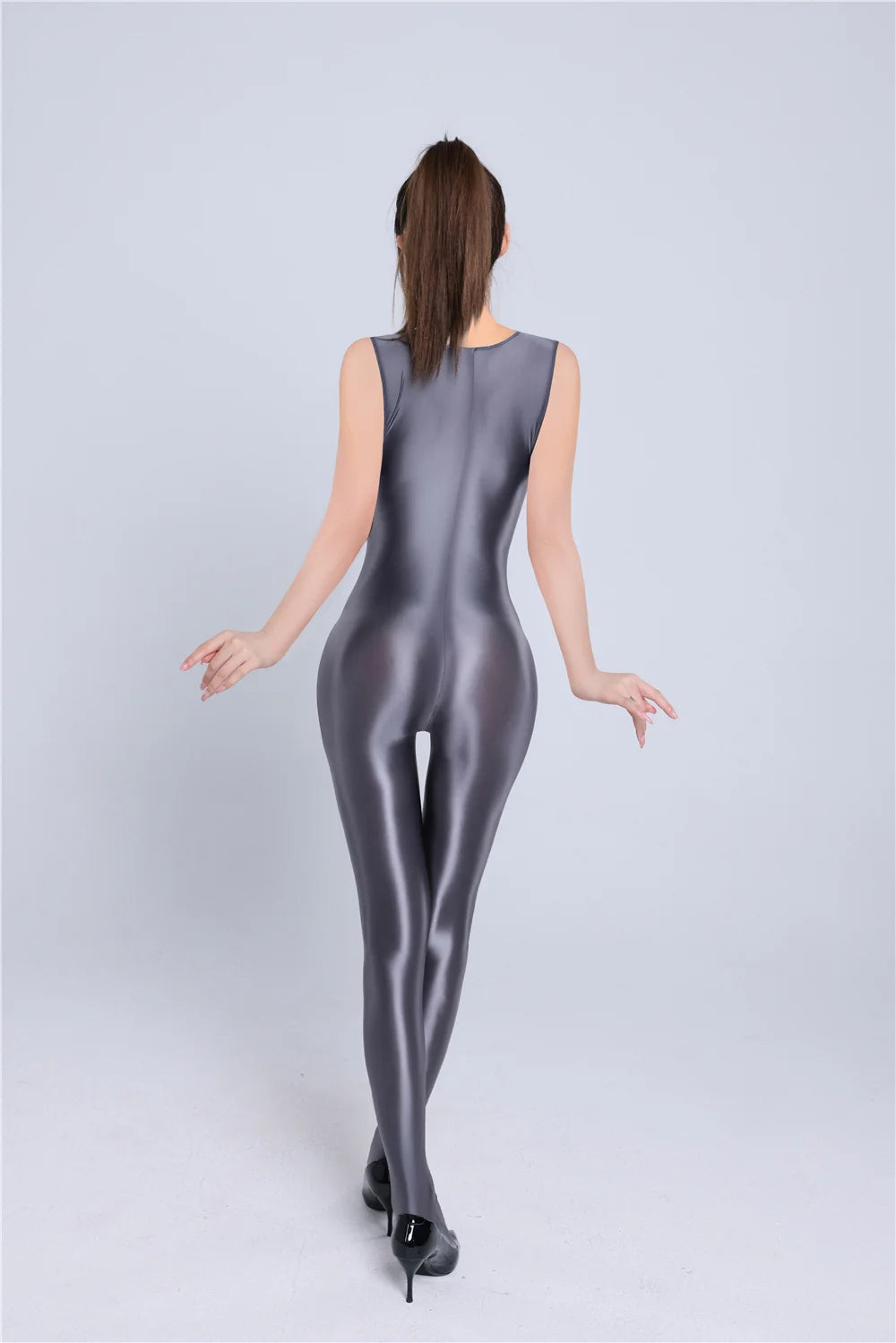 Sexy Women Yoga Shaper Dance Wear Oil Glossy Shiny Elastic Bodysuit Sheer See Through Satin Shapping Tights Candy Color