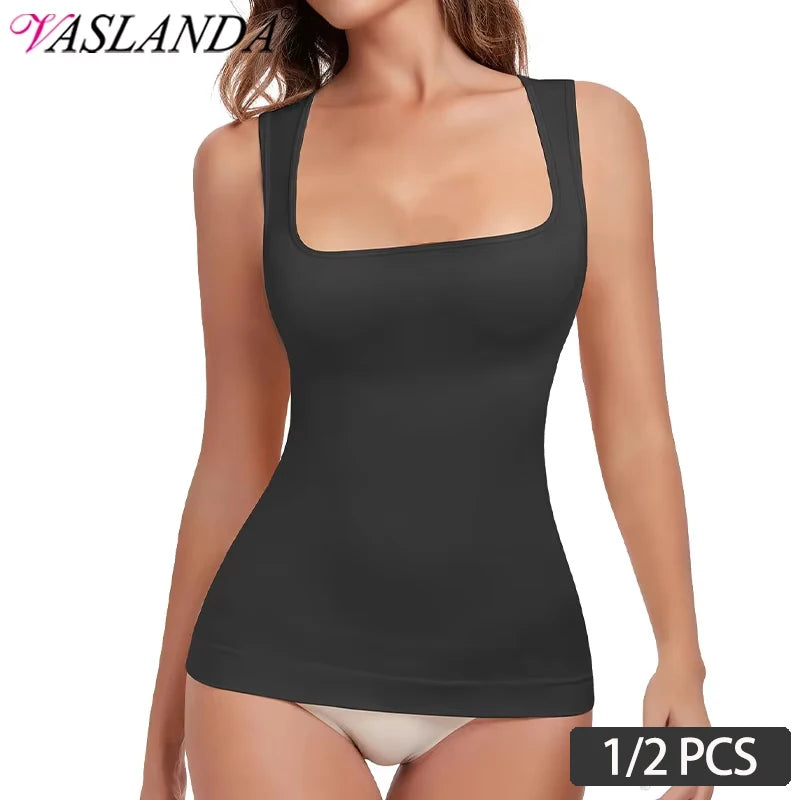 1/2 PCS Shapewear Tummy Control Tank Top Compression Tanks for Women Square Neck Seamless Body Shaper Camisole Cami Tops