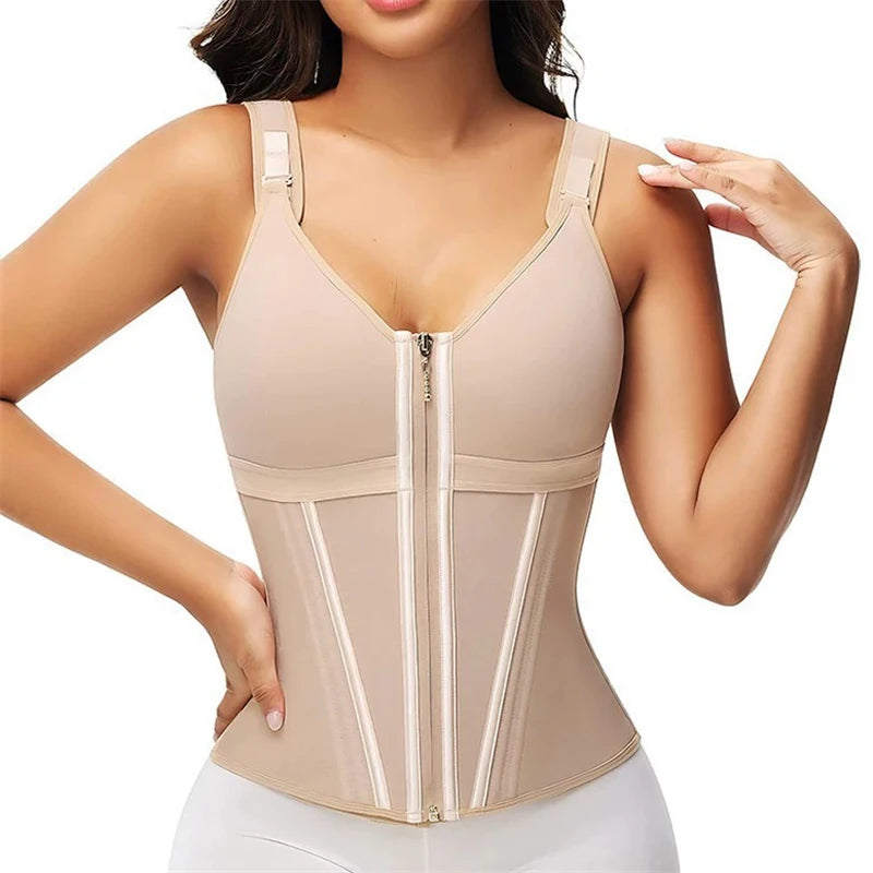 Shapewear Women Colombian Fajas Waist Trainer Tummy Control Vest Body Shaper 17 Steel Bones 3-Row Hooks Zipper Adjustable Strap