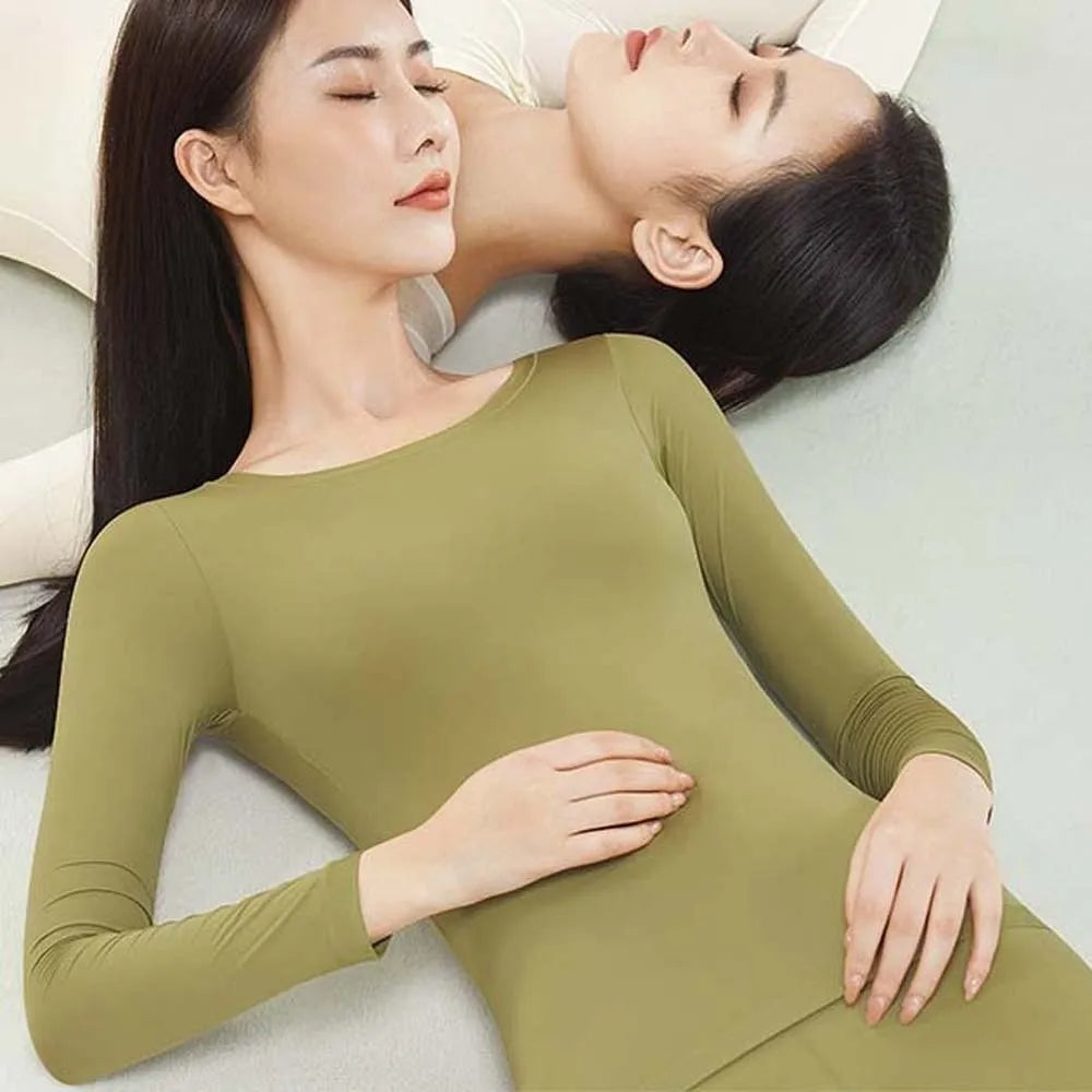 Ultra Thin Women Thermal Clothes Round Neck Tops and Pants Set Thermal Underwear Lingerie Invisible Warmth Long Pants Undershirt