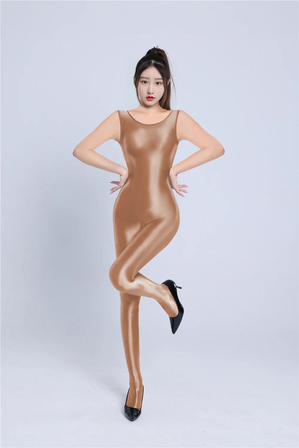 Sexy Women Yoga Shaper Dance Wear Oil Glossy Shiny Elastic Bodysuit Sheer See Through Satin Shapping Tights Candy Color