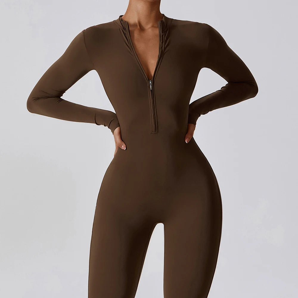 Yoga Boilersuit Long Sleeved Women's Sportswear Gym Zipper Jumpsuits Workout High-intensity Fitness One-piece Skin-tight Garment