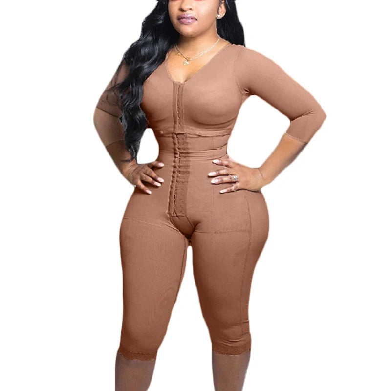 Full Body Shapewear With Sleeves Knee Length Shorts Butt Lift Up Tigh Slimming Front Hooks Waist Trainer Shapewear for Women