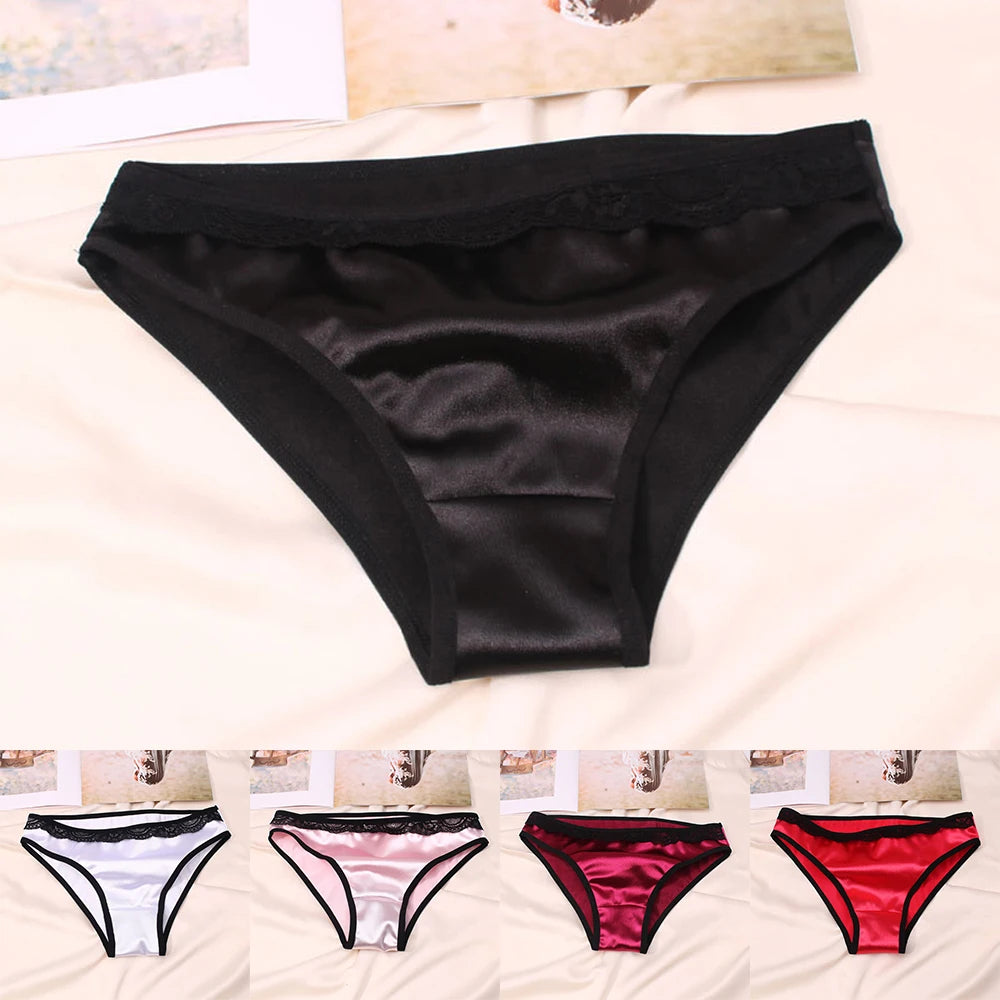 Women Underwear Luxury Comfortable Breathable Low Waist Lace Edge Soft Triangle Pants Silk Satin Underwear Knickers Briefs