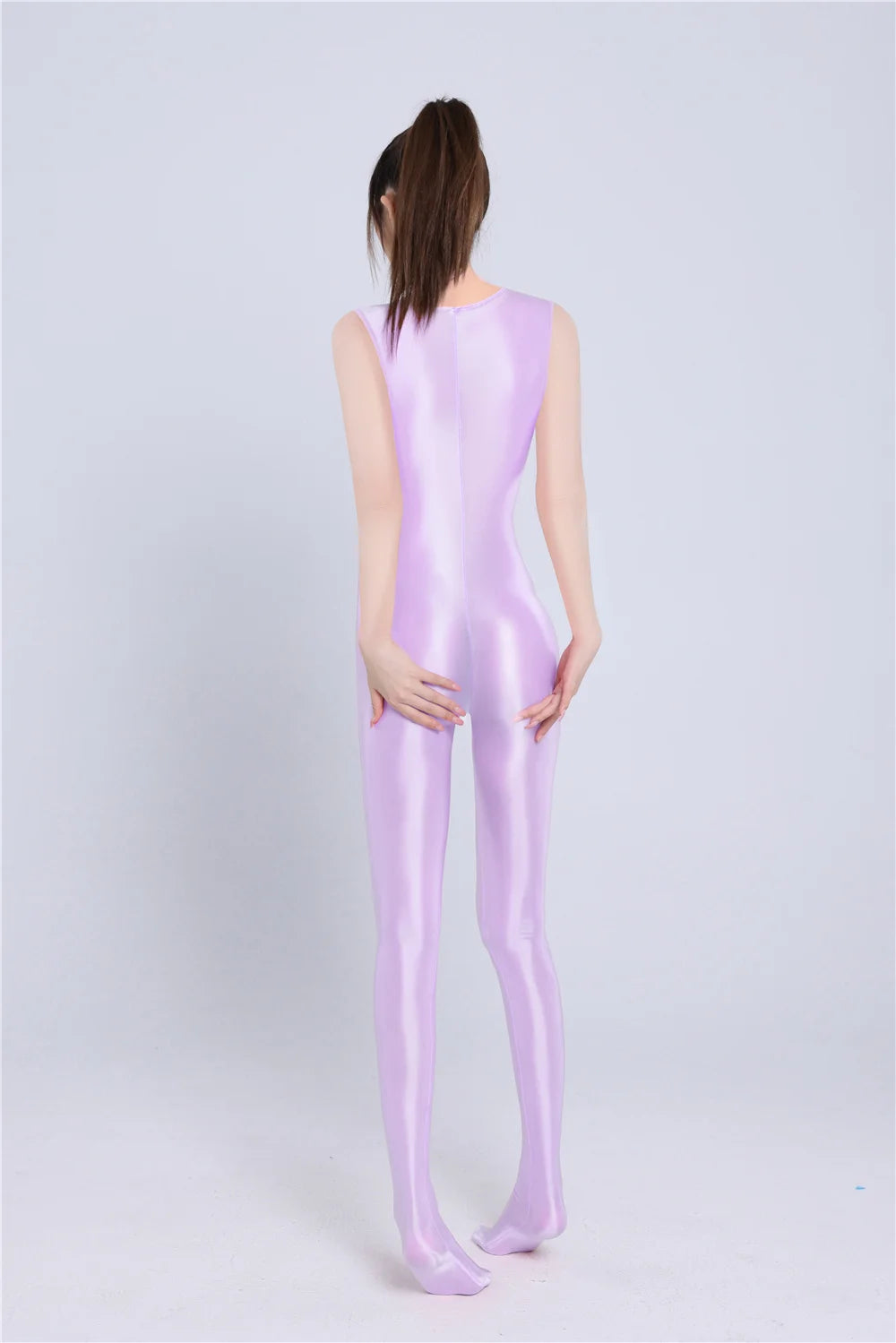 Sexy Women Yoga Shaper Dance Wear Oil Glossy Shiny Elastic Bodysuit Sheer See Through Satin Shapping Tights Candy Color