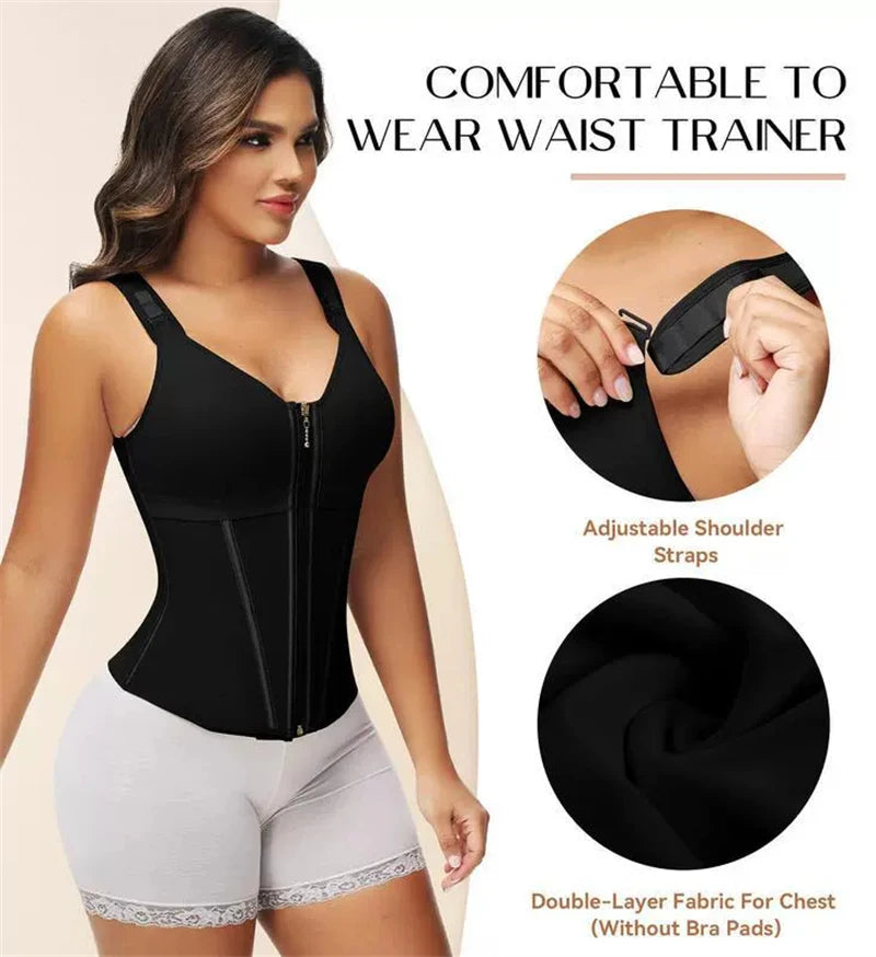 Shapewear Women Colombian Fajas Waist Trainer Tummy Control Vest Body Shaper 17 Steel Bones 3-Row Hooks Zipper Adjustable Strap