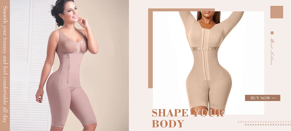 Full Body Shapewear With Sleeves Knee Length Shorts Butt Lift Up Tigh Slimming Front Hooks Waist Trainer Shapewear for Women