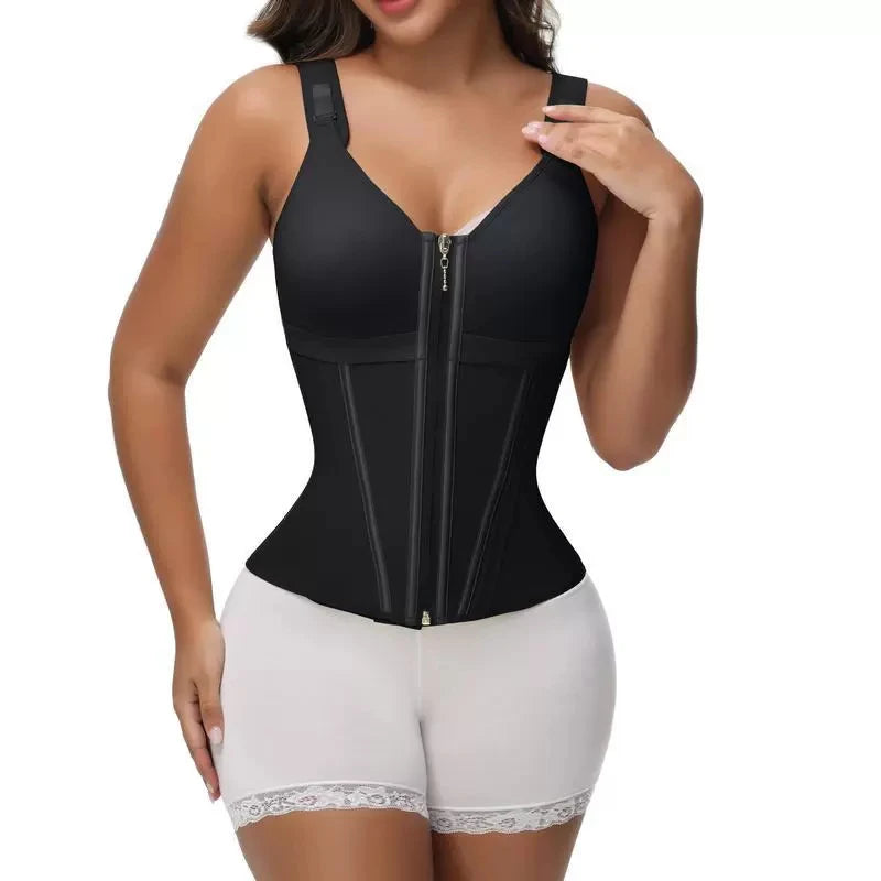 Shapewear Women Colombian Fajas Waist Trainer Tummy Control Vest Body Shaper 17 Steel Bones 3-Row Hooks Zipper Adjustable Strap