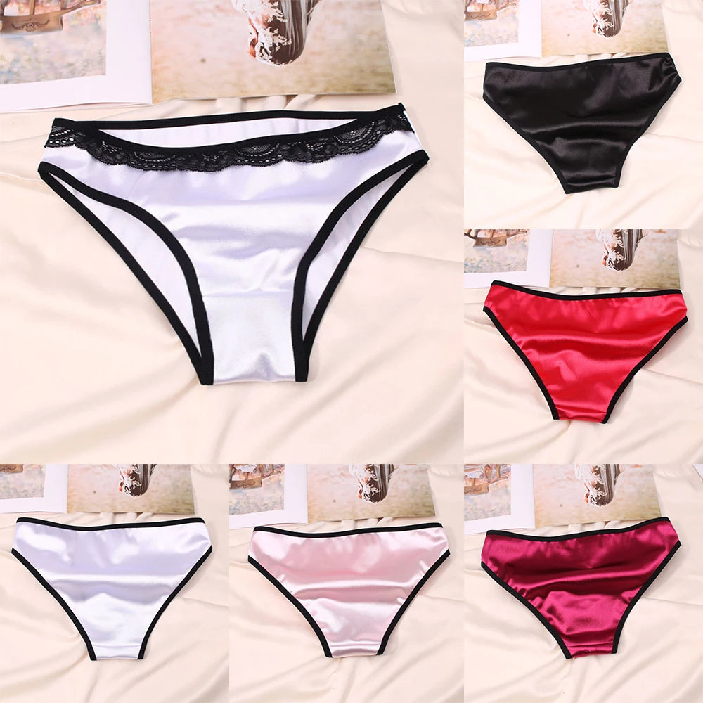 Women Underwear Luxury Comfortable Breathable Low Waist Lace Edge Soft Triangle Pants Silk Satin Underwear Knickers Briefs