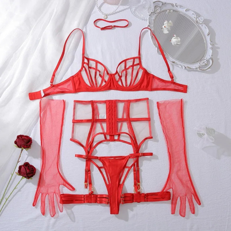 Sexy Lingerie Suit for Women Solid Color Mesh Patchwork See-through Women's Underwear Suit Sexy Gloves Garters Underwear