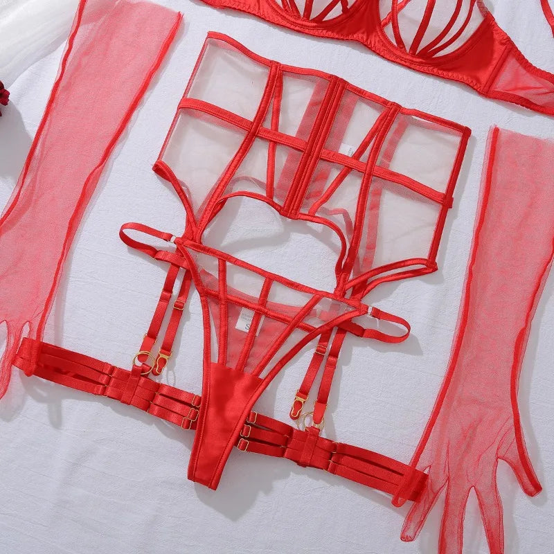Sexy Lingerie Suit for Women Solid Color Mesh Patchwork See-through Women's Underwear Suit Sexy Gloves Garters Underwear