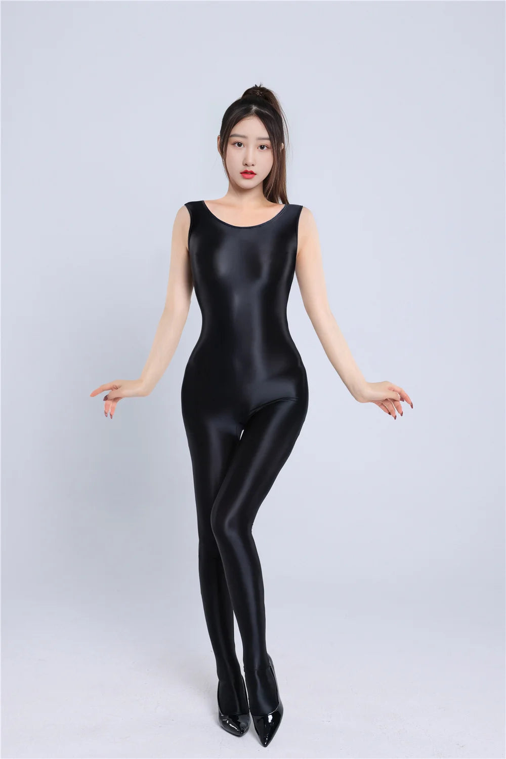 Sexy Women Yoga Shaper Dance Wear Oil Glossy Shiny Elastic Bodysuit Sheer See Through Satin Shapping Tights Candy Color