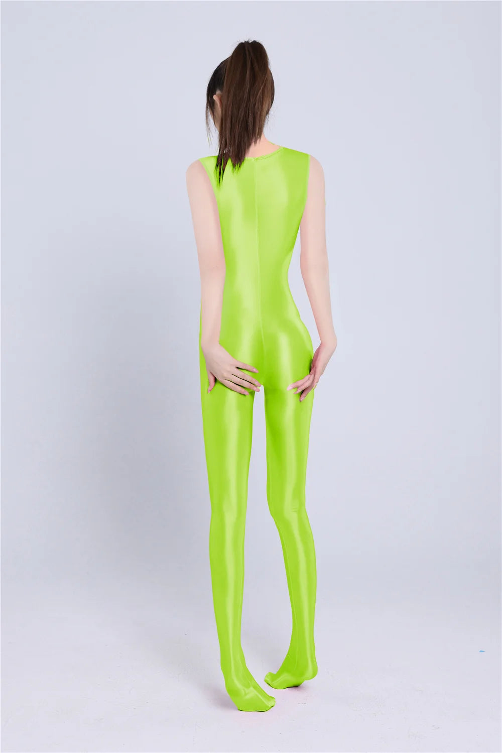 Sexy Women Yoga Shaper Dance Wear Oil Glossy Shiny Elastic Bodysuit Sheer See Through Satin Shapping Tights Candy Color