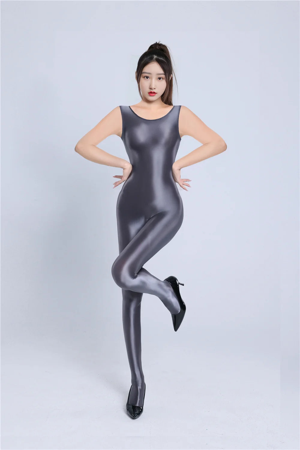 Sexy Women Yoga Shaper Dance Wear Oil Glossy Shiny Elastic Bodysuit Sheer See Through Satin Shapping Tights Candy Color