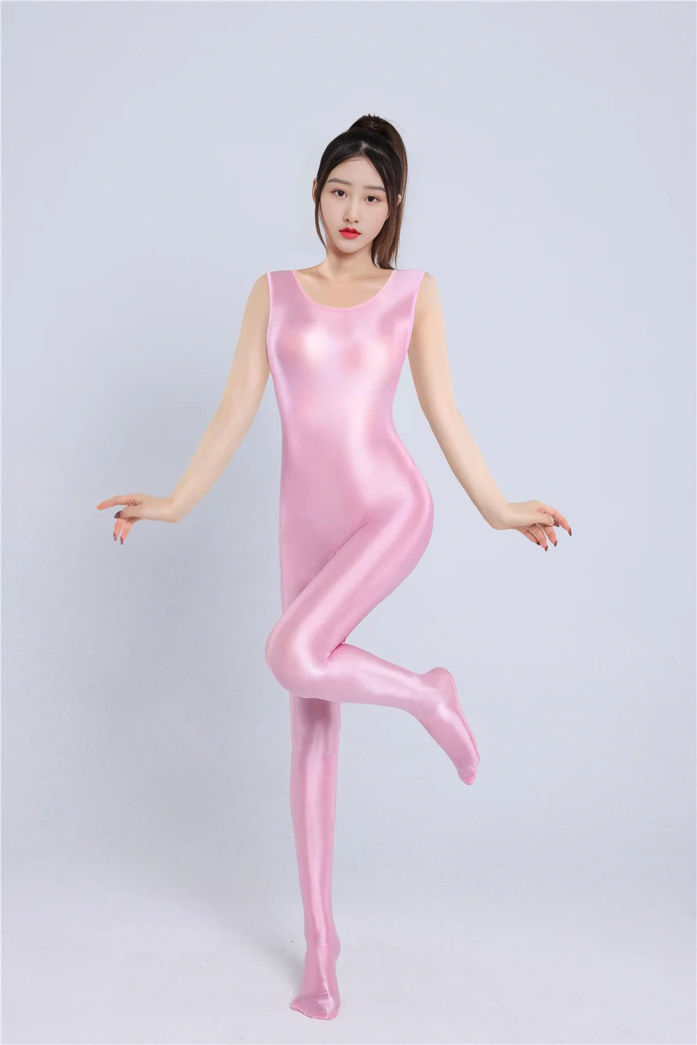 Sexy Women Yoga Shaper Dance Wear Oil Glossy Shiny Elastic Bodysuit Sheer See Through Satin Shapping Tights Candy Color