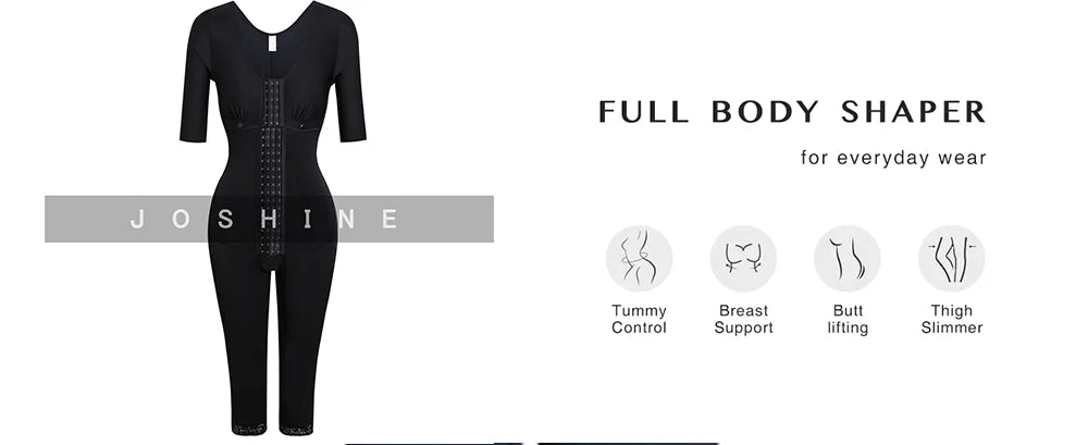 Full Body Shapewear With Sleeves Knee Length Shorts Butt Lift Up Tigh Slimming Front Hooks Waist Trainer Shapewear for Women