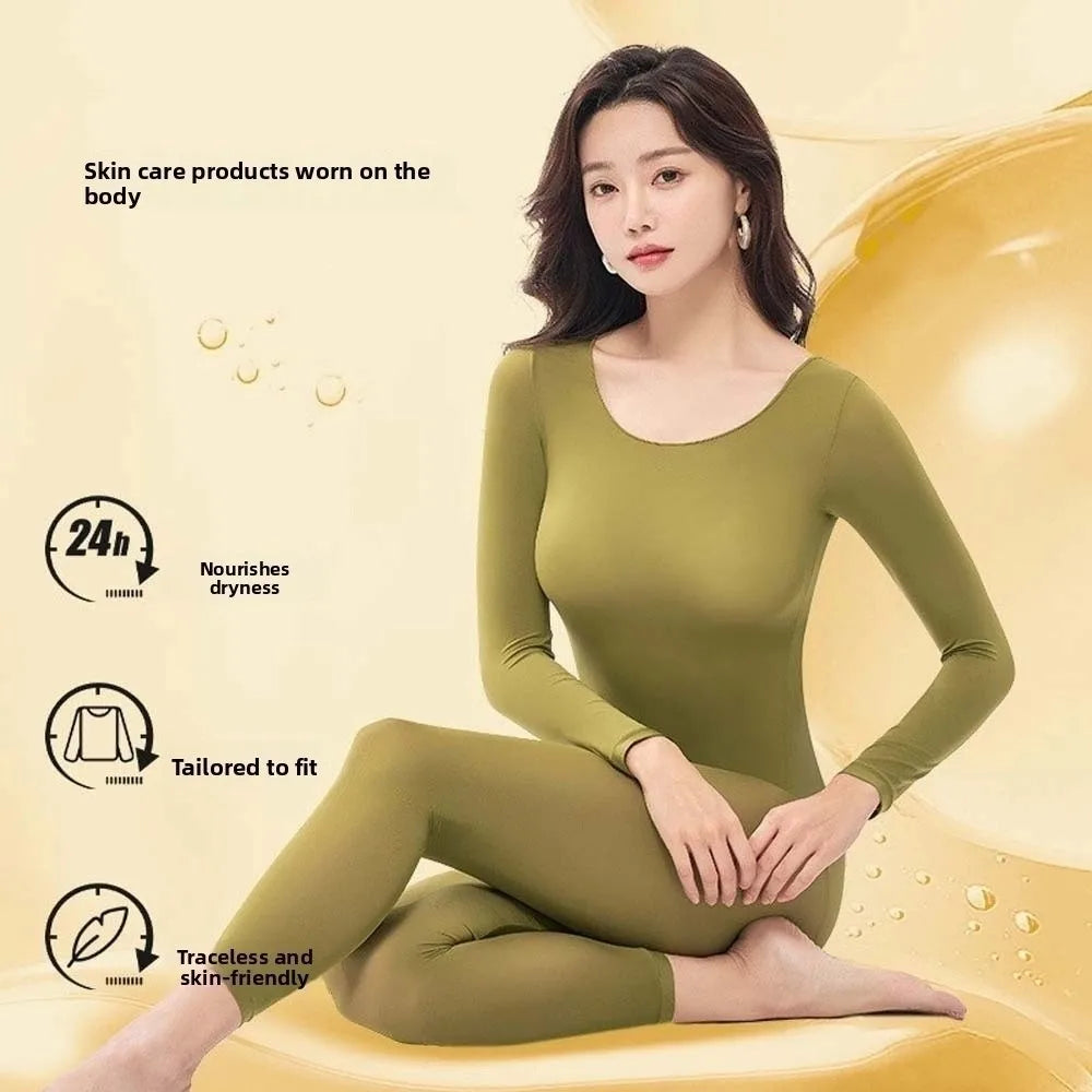 Ultra Thin Women Thermal Clothes Round Neck Tops and Pants Set Thermal Underwear Lingerie Invisible Warmth Long Pants Undershirt