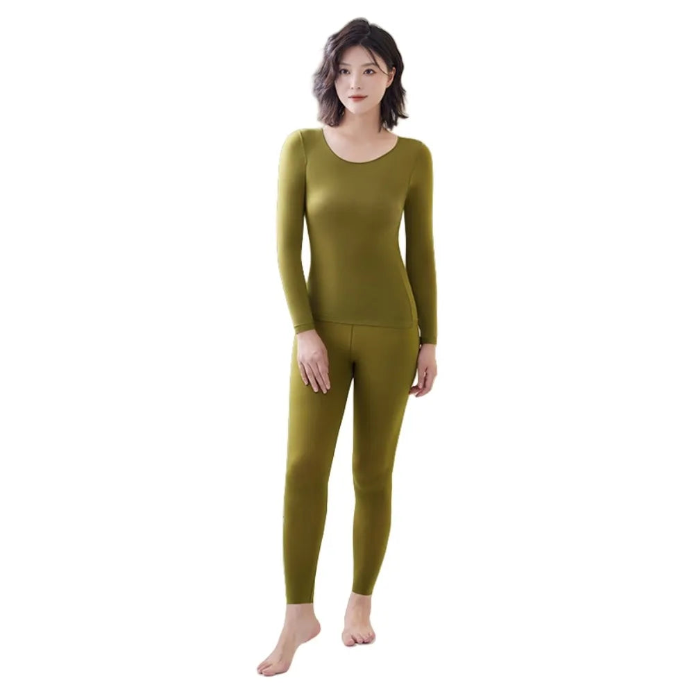 Ultra Thin Women Thermal Clothes Round Neck Tops and Pants Set Thermal Underwear Lingerie Invisible Warmth Long Pants Undershirt