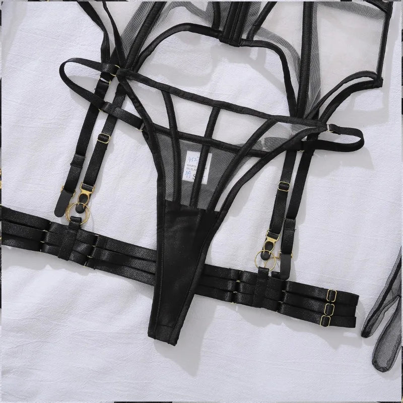 Sexy Lingerie Suit for Women Solid Color Mesh Patchwork See-through Women's Underwear Suit Sexy Gloves Garters Underwear
