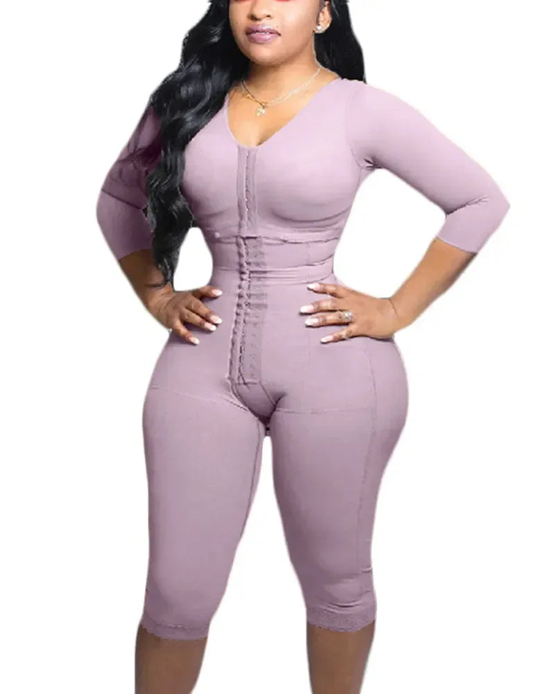 Full Body Shapewear With Sleeves Knee Length Shorts Butt Lift Up Tigh Slimming Front Hooks Waist Trainer Shapewear for Women