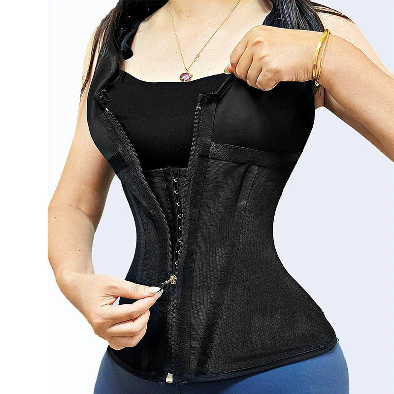 Shapewear Women Colombian Fajas Waist Trainer Tummy Control Vest Body Shaper 17 Steel Bones 3-Row Hooks Zipper Adjustable Strap