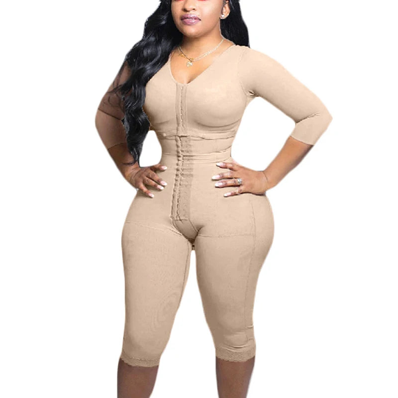 Full Body Shapewear With Sleeves Knee Length Shorts Butt Lift Up Tigh Slimming Front Hooks Waist Trainer Shapewear for Women