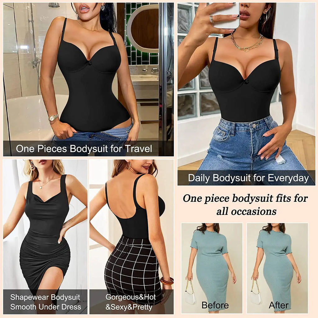 Shapewear Bodysuit for Women Slimming Body Shaper Waist Trainer Sexy V Neck Underwire Bra Jumpsuit Tummy Control Smooth Bodywear
