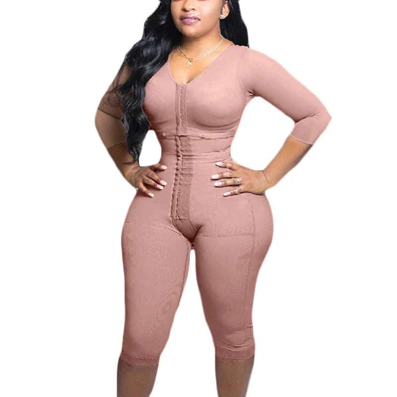 Full Body Shapewear With Sleeves Knee Length Shorts Butt Lift Up Tigh Slimming Front Hooks Waist Trainer Shapewear for Women
