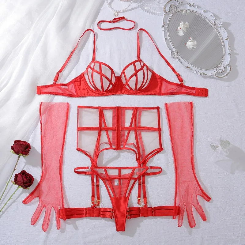 Sexy Lingerie Suit for Women Solid Color Mesh Patchwork See-through Women's Underwear Suit Sexy Gloves Garters Underwear