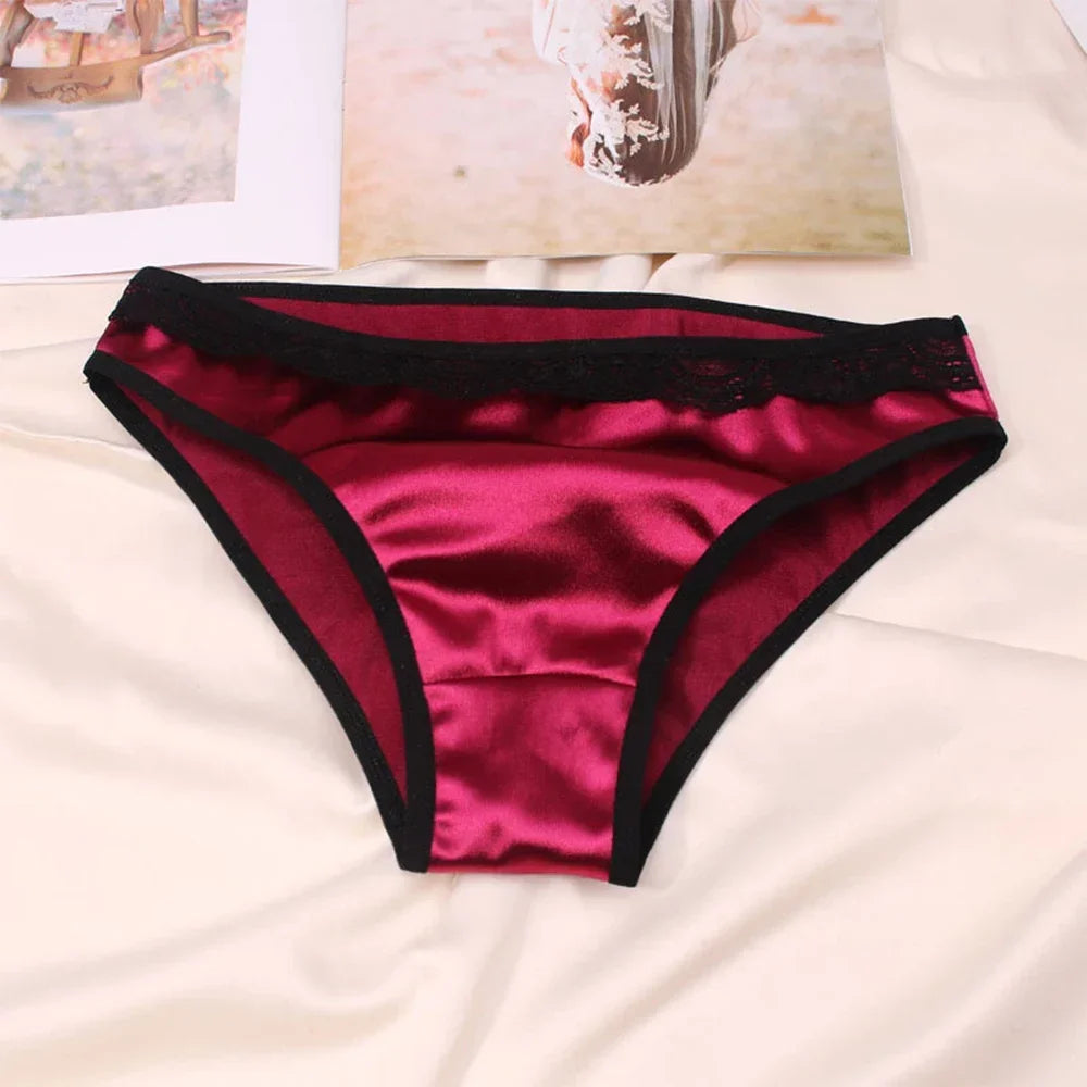 Women Underwear Luxury Comfortable Breathable Low Waist Lace Edge Soft Triangle Pants Silk Satin Underwear Knickers Briefs