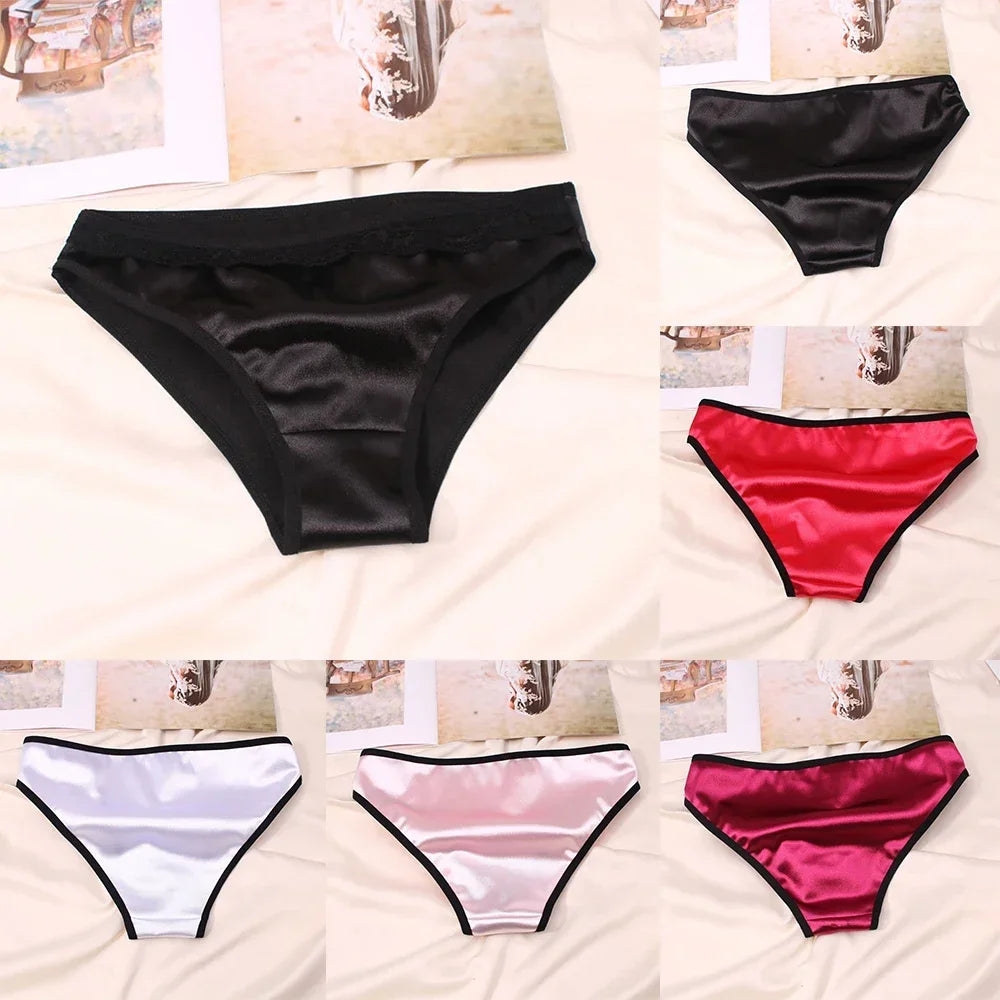 Women Underwear Luxury Comfortable Breathable Low Waist Lace Edge Soft Triangle Pants Silk Satin Underwear Knickers Briefs